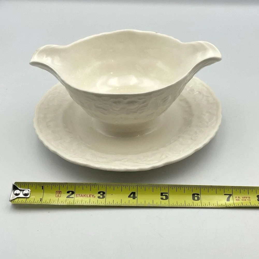 Vintage 1960s Pope Gosser‎ China Rose Point Gravy Boat Attached Underplate USA